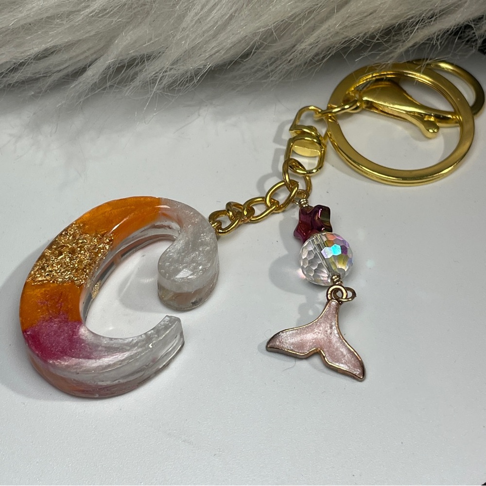 Custom Orange, Pink and Cream Letter “C” Keychain With Gold Foil Inlay - Picture 5 of 7